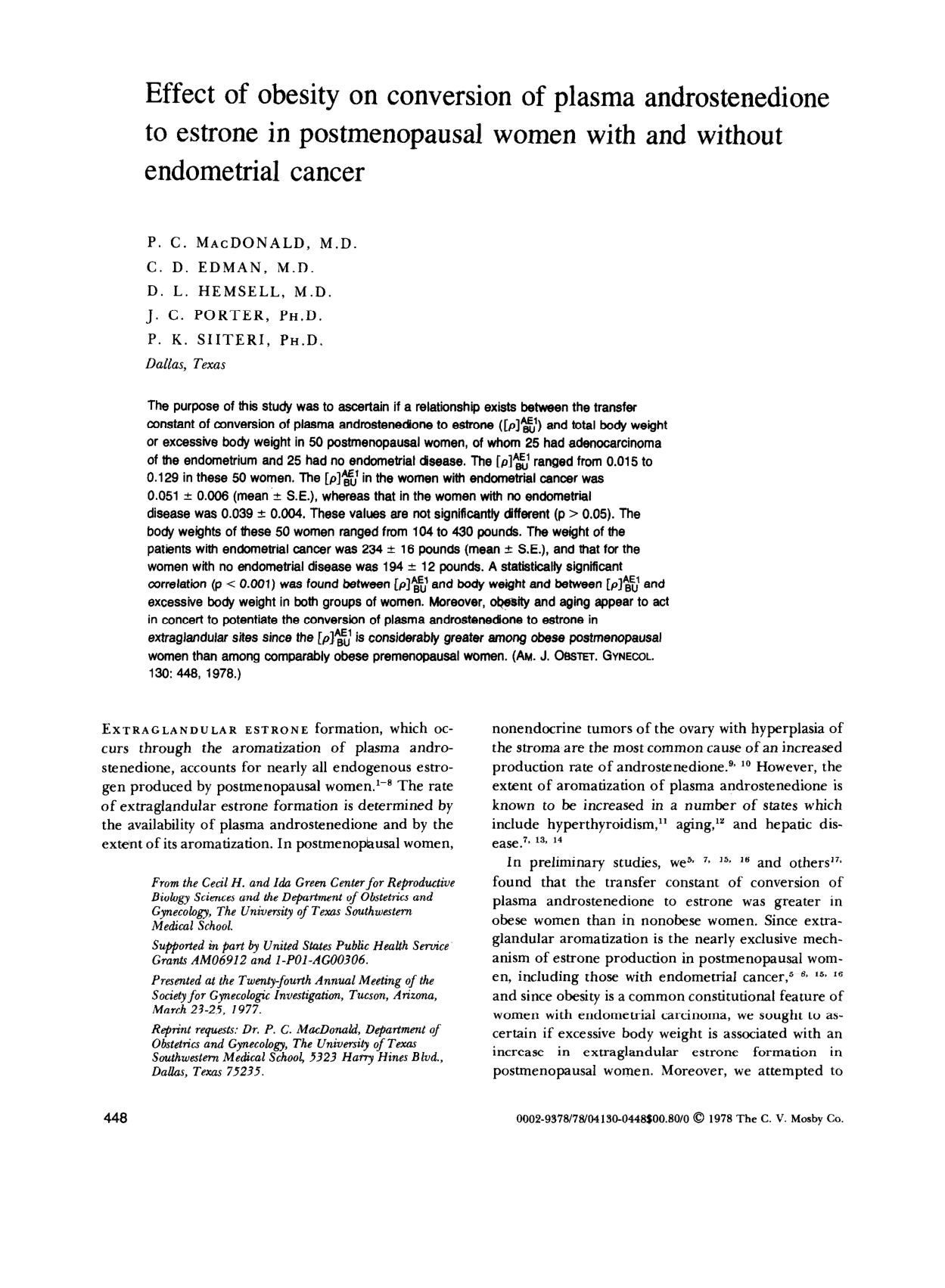 Cover for Effect Of Obesity On Conversion Of Plasma Androstenedione To Estrone In Postmenopausal Women With And Without Endometrial Cancer