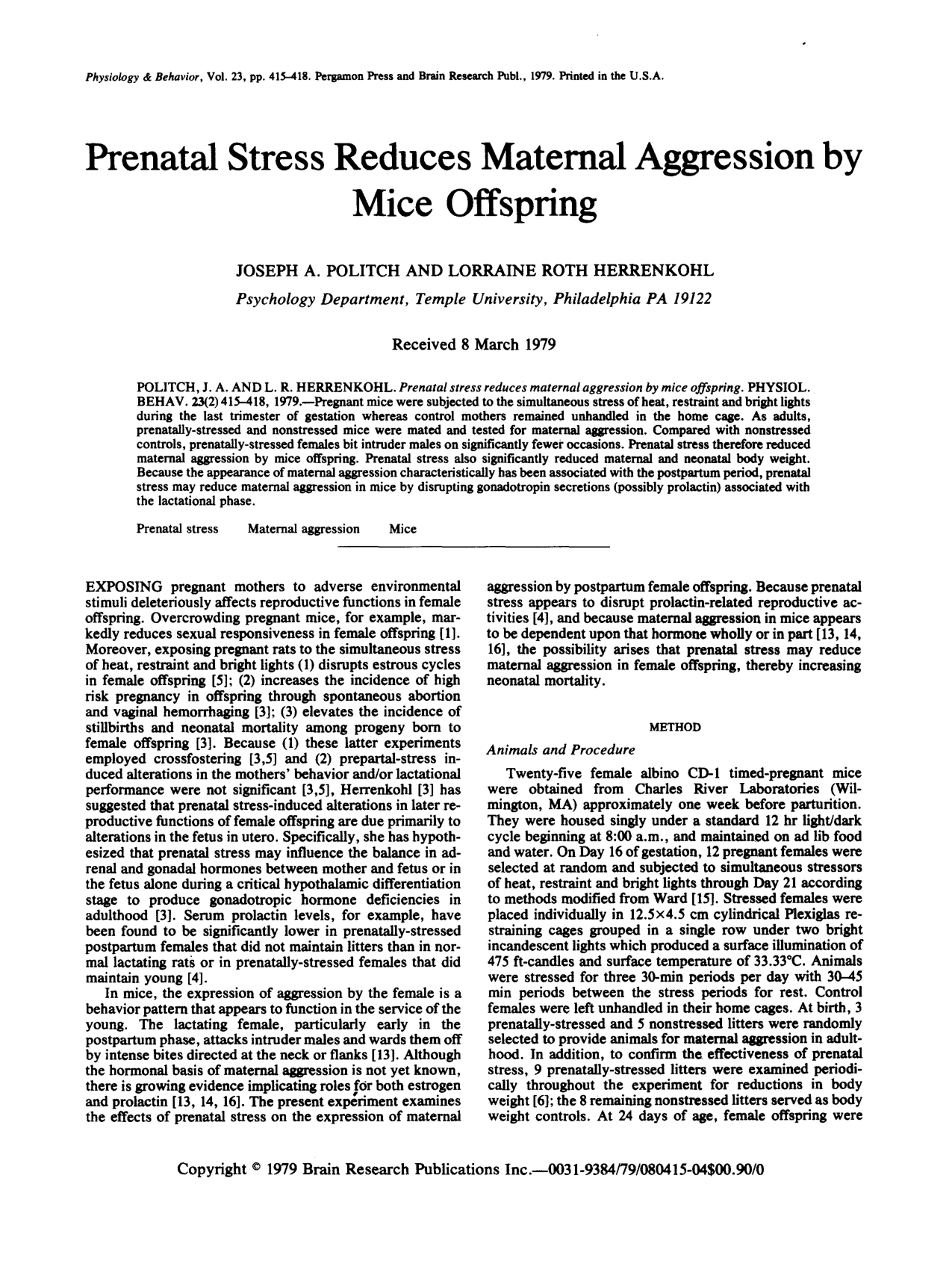 Cover for Prenatal Stress Reduces Maternal Aggression By Mice Offspring