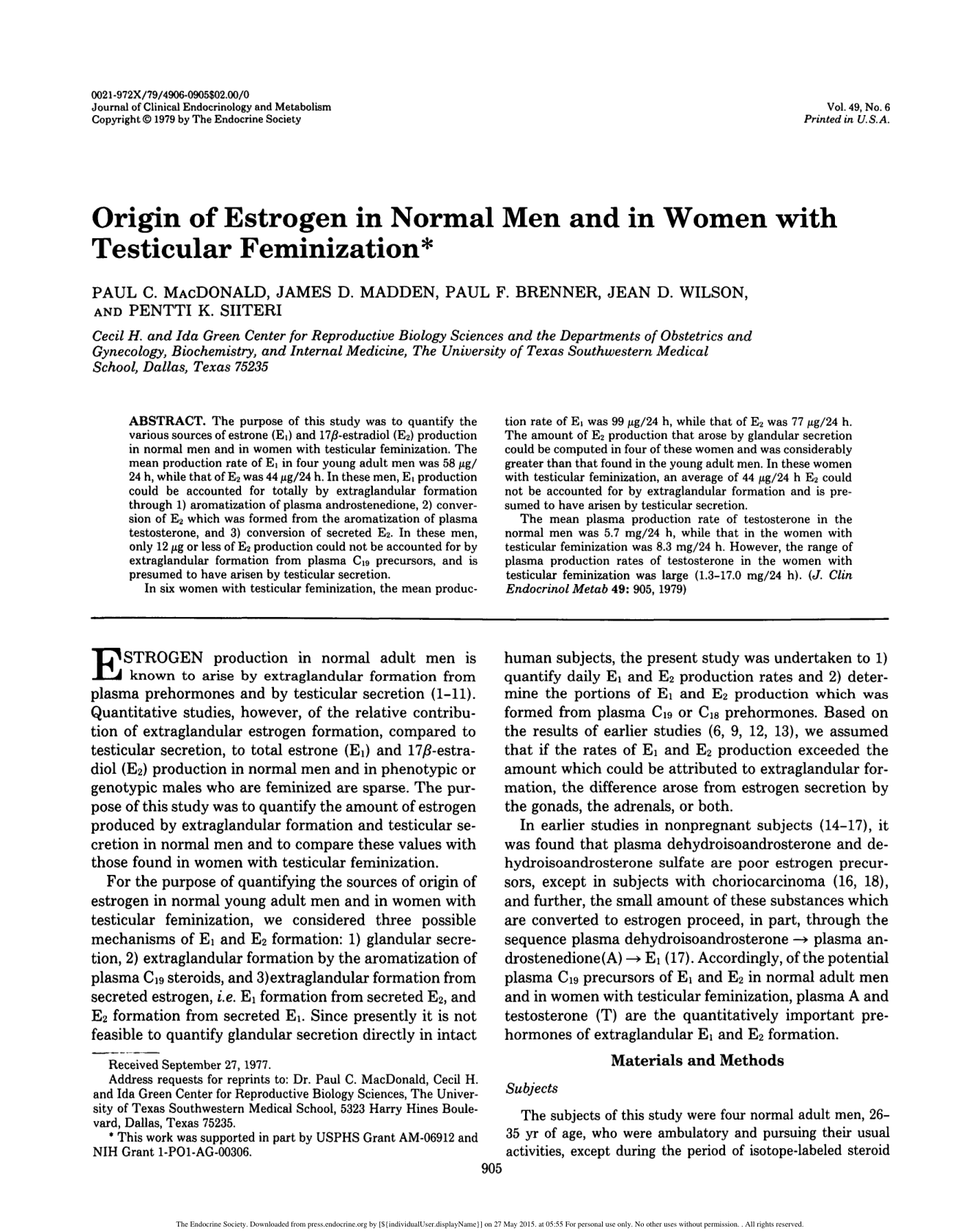 Cover for Origin Of Estrogen In Normal Men And In Women With Testicular Feminization