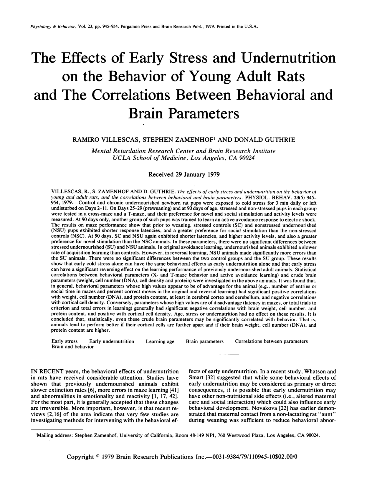 Cover for The Effects Of Early Stress And Undernutrition On The Behavior Of Young Adult Rats And The Correlations Between Behavioral And Brain Parameters