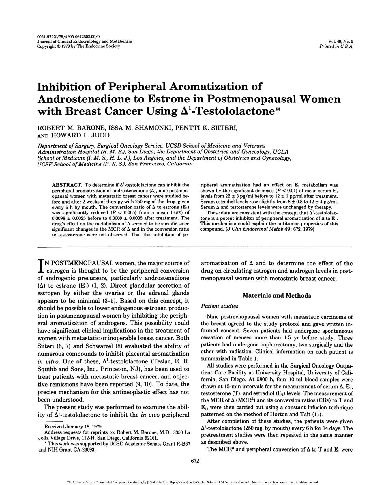 Cover for Inhibition Of Peripheral Aromatization Of Androstenedione To Estrone In Postmenopausal Women With Breast Cancer Using Delta-testololactone