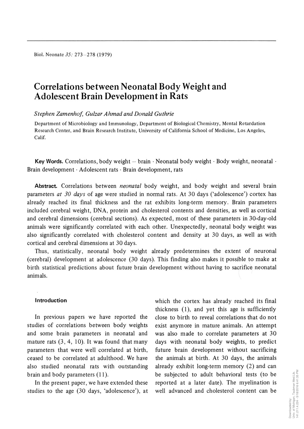 Cover for Correlations Between Neonatal Body Weight And Adolescent Brain Development In Rats