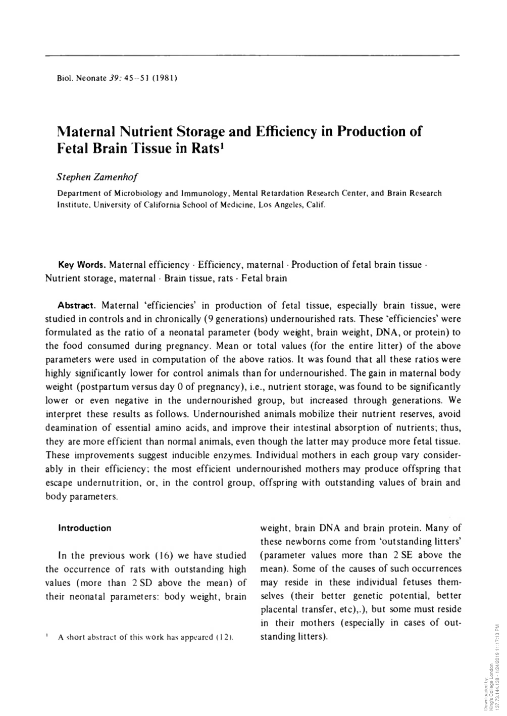 Cover for Maternal Nutrient Storage And Efficiency In Production Of Fetal Brain Tissue In Rats