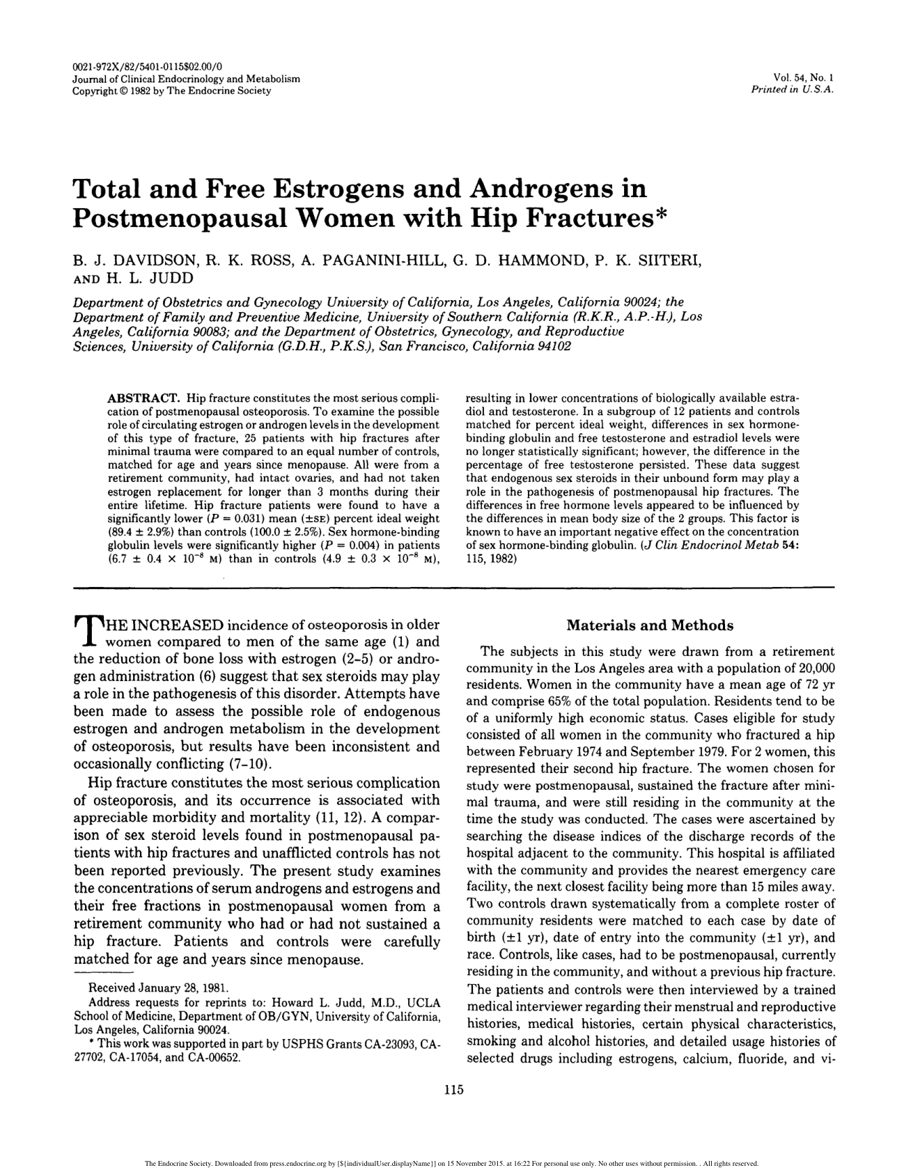 Cover for Total And Free Estrogens And Androgens In Postmenopausal Women With Hip Fractures