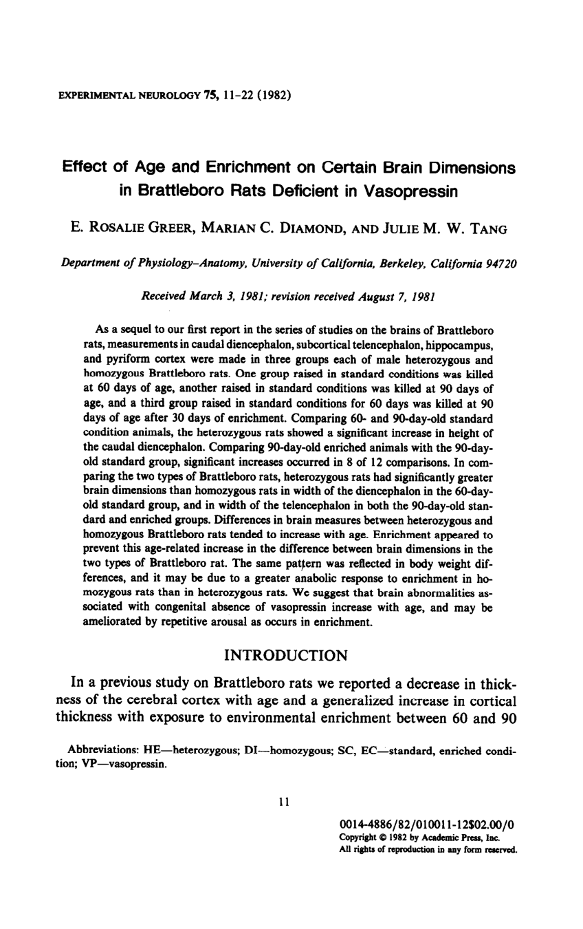 Cover for Effect Of Age And Enrichment On Certain Brain Dimensions In Brattleboro Rats Deficient In Vasopressin