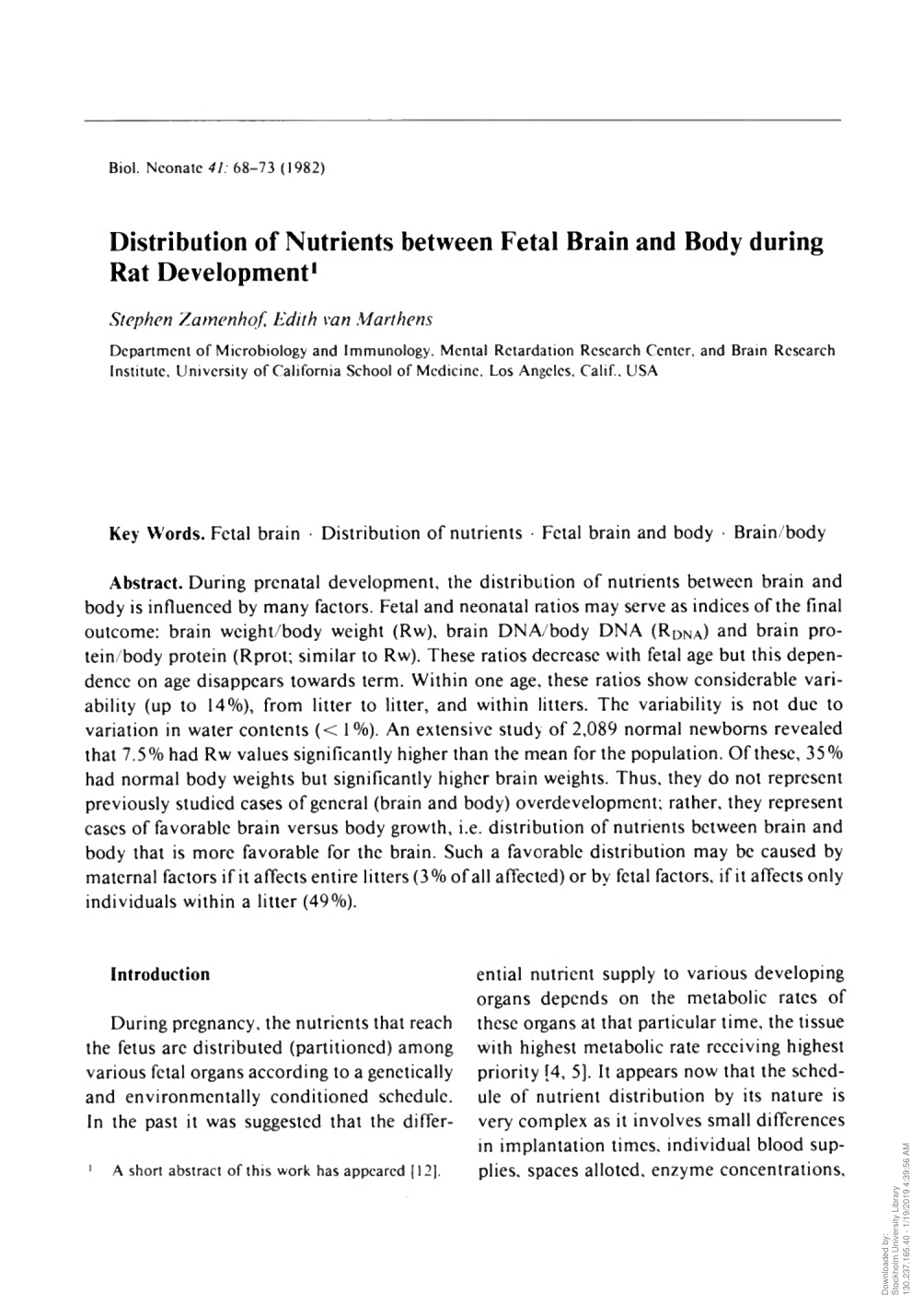 Cover for Distribution Of Nutrients Between Fetal Brain And Body During Rat Development