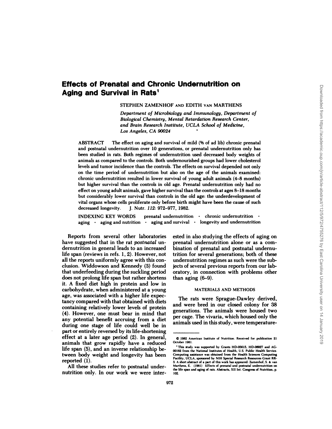 Cover for Effects Of Prenatal And Chronic Undernutrition On Aging And Survival In Rats