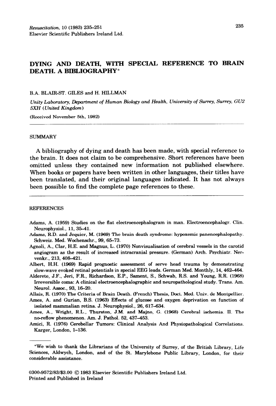 Cover for Dying And Death, With Special Reference To Brain Death. A Bibliography