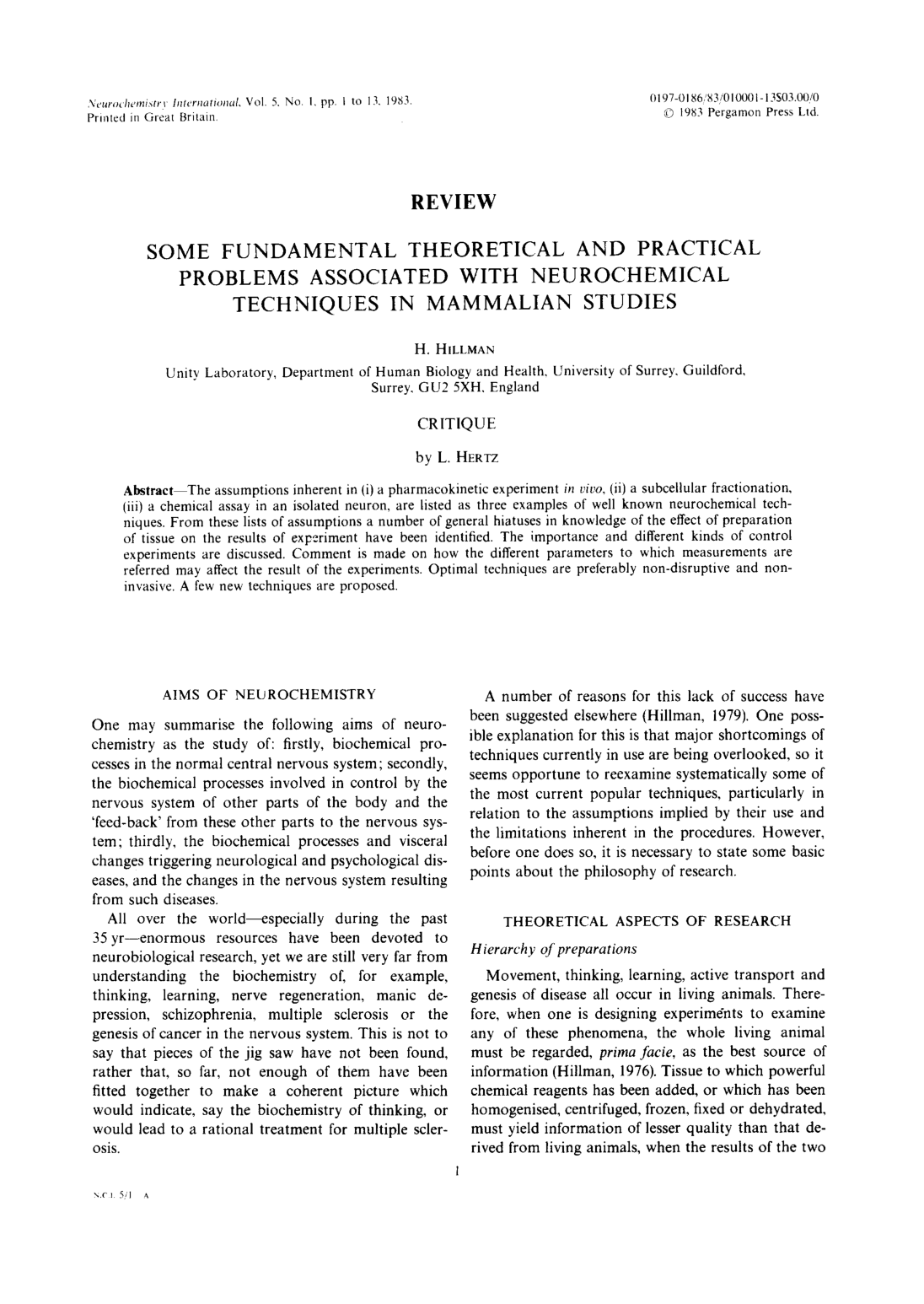 Cover for Some Fundamental Theoretical And Practical Problems Associated With Neurochemical Techniques In Mammalian Studies