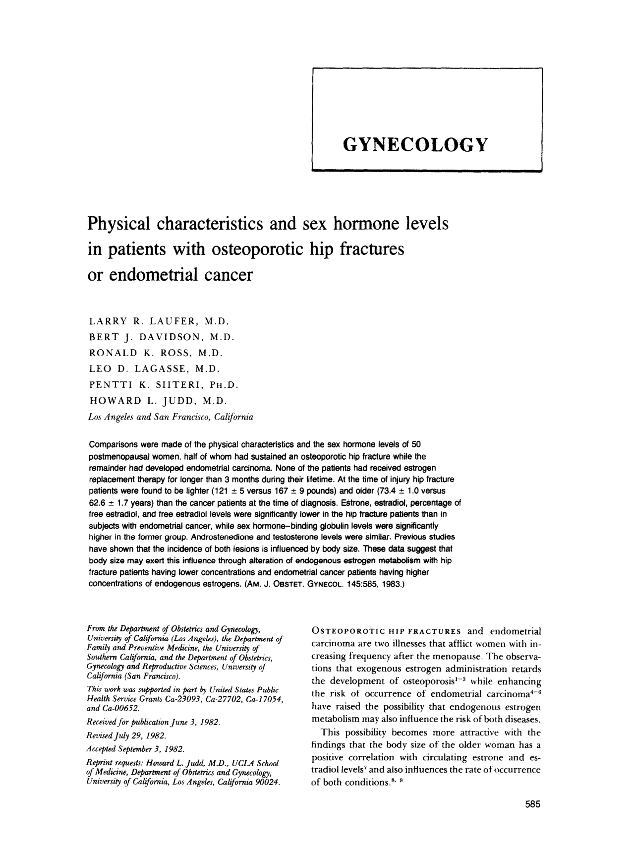 Cover for Physical Characteristics And Sex Hormone Levels In Patients With Osteoporotic Hip Fractures Or Endometrial Cancer
