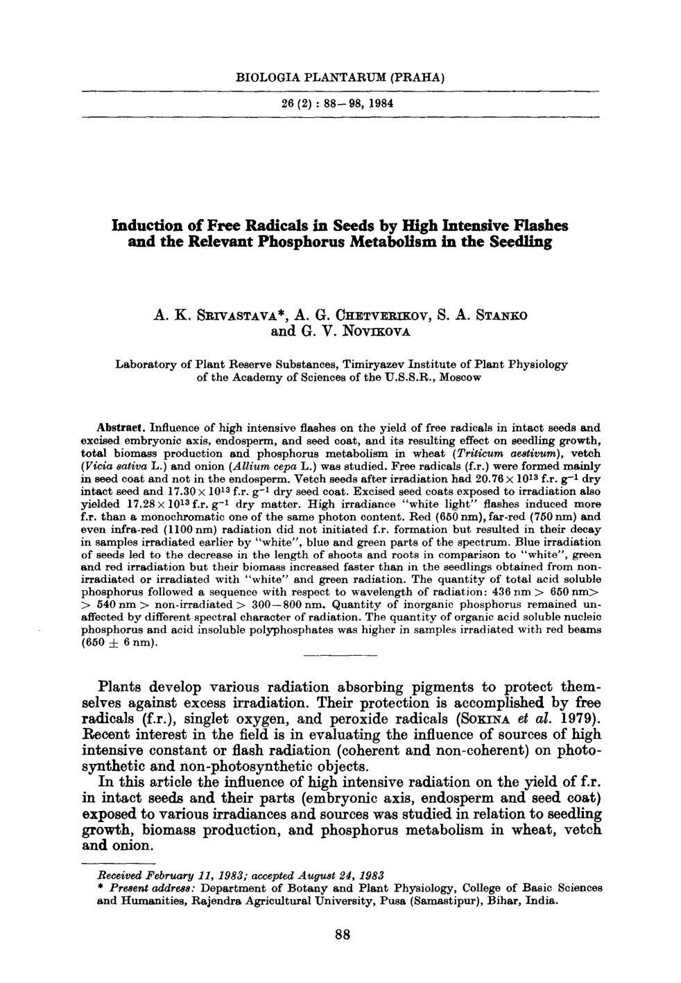 Cover for Induction Of Free radicals In Seeds By High Intensive Flashes And The Relevant Phosphorus Metablism In The Seeding