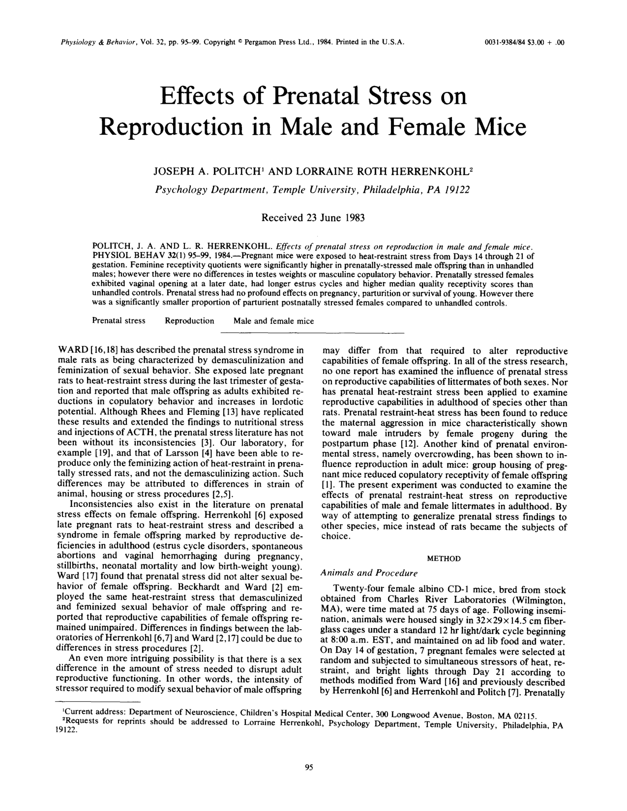Cover for Effects Of Prenatal Stress On Reproduction In Male And Female Mice