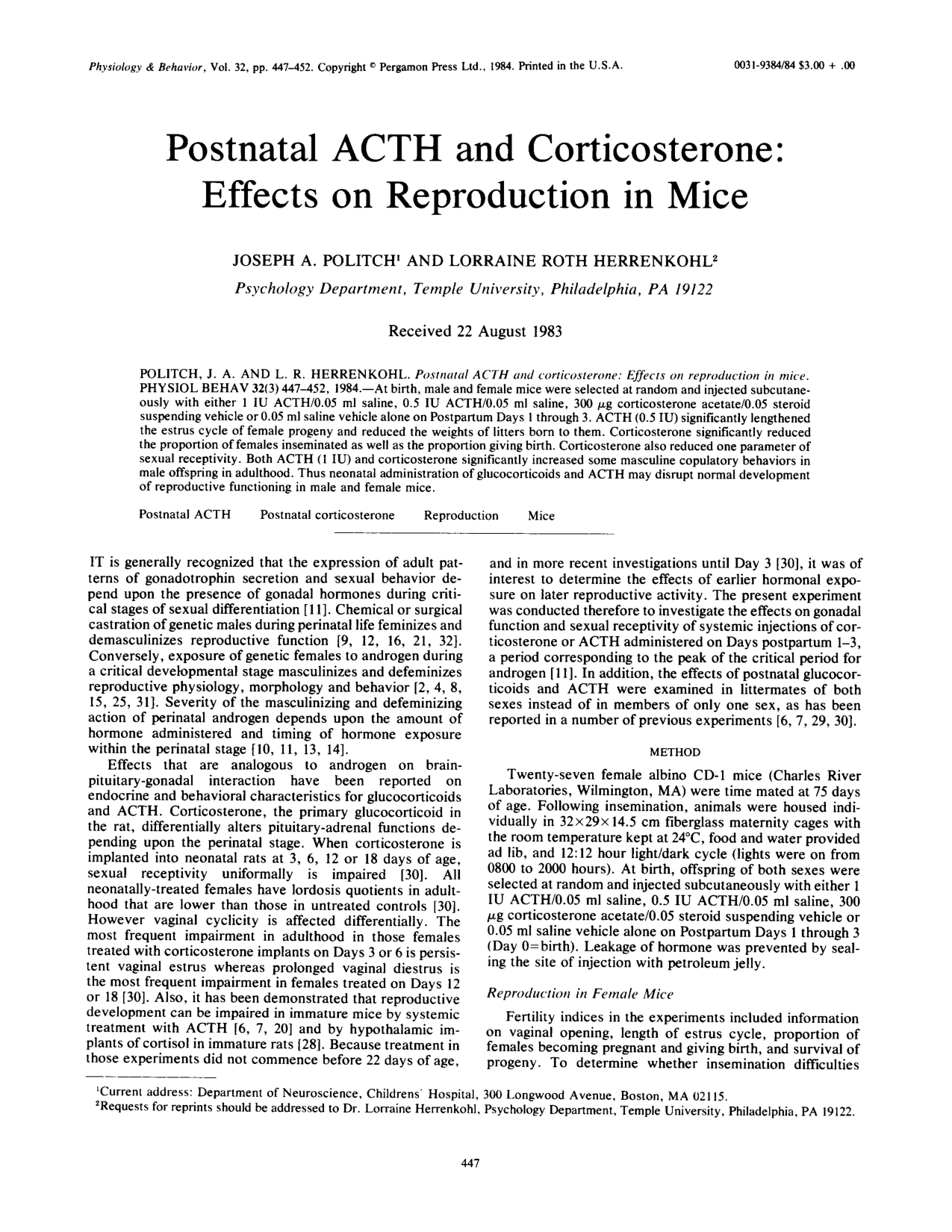 Cover for Postnatal Acth And Cortisosterone, Effects On Reproduction In Mice