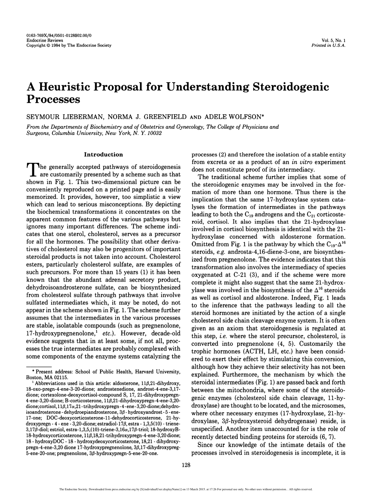 Cover for A Heuristic Proposal For Understanding Steroidogenic Processes
