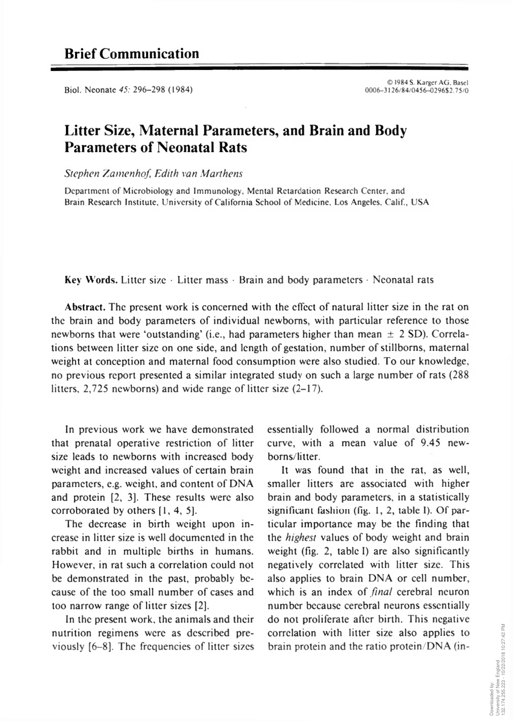 Cover for Litter Size, Maternal Parameters, And Brain And Body Parameters Of Neonatal Rats