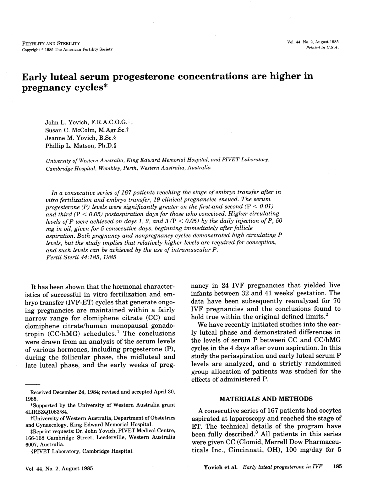 Cover for Early Luteal Serum Progesterone Concentrations Are Higher In Pregancy Cycles