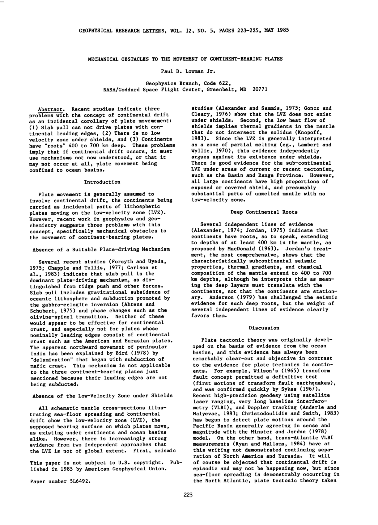 Cover for Mechanical Obstacle To The Movement Of Continent-Bearing Plates