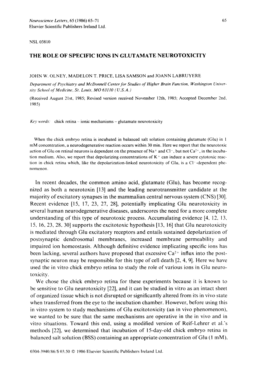 Cover for The Role Of Specific Ion In Glutamate Neurotoxocity