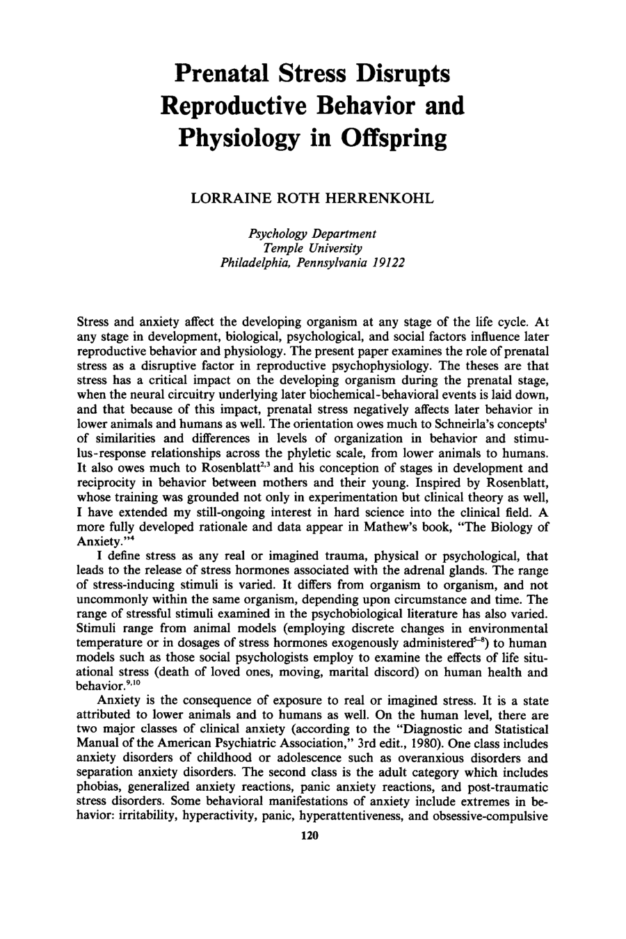 Cover for Prenatal Stress Disrupts Reproductive Behavior And Physiology In Offspring