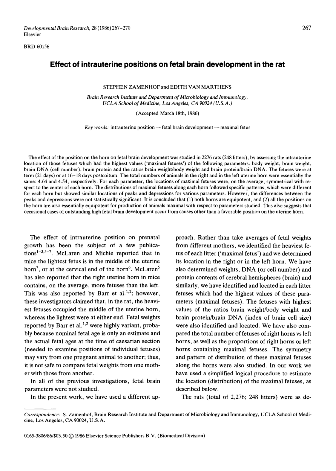 Cover for Effect Of Intrauterine Positions On Fetal Brain Development In The Rat