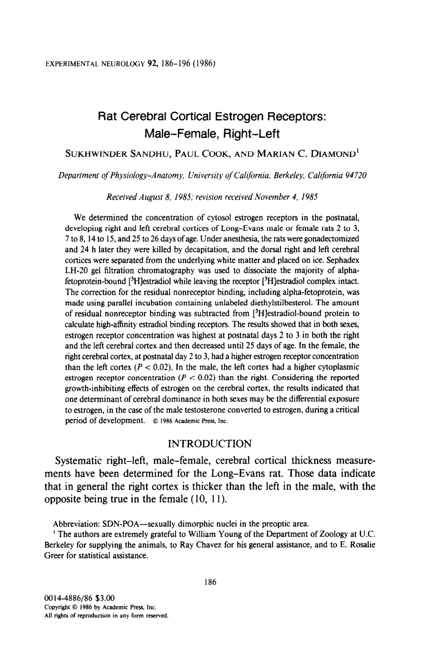 Cover for Rat Cerebral Cortical Estrogen Receptors, Male-female, Right-left