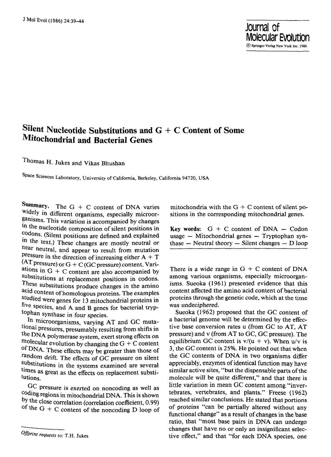 Cover for Silent Nucleotide Substitutions And G + C Content Of Some Mitochondrial And Bacterial Genes