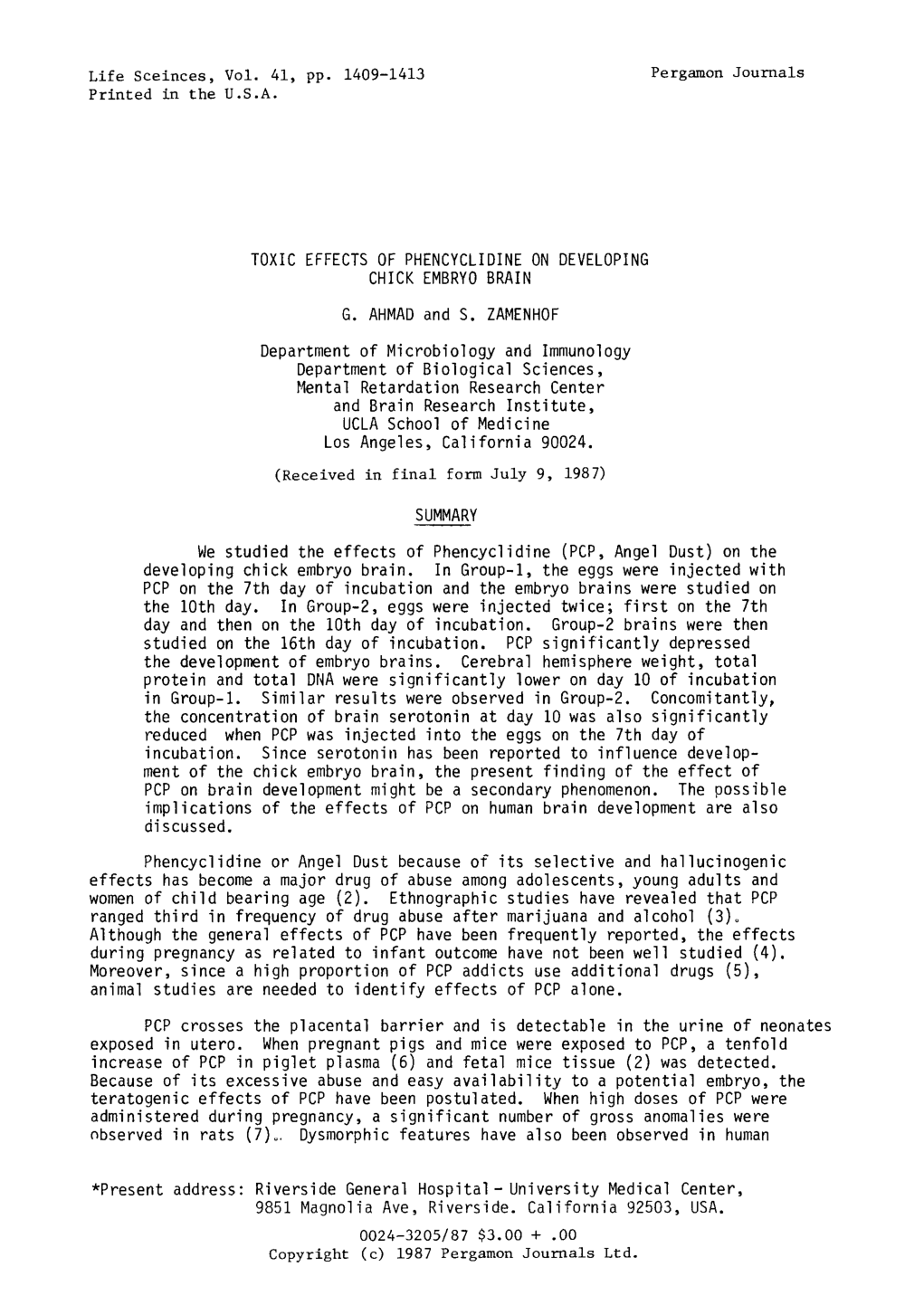 Cover for Toxic Effects Of Phencyclidine On Developing Chick Embryo Brain