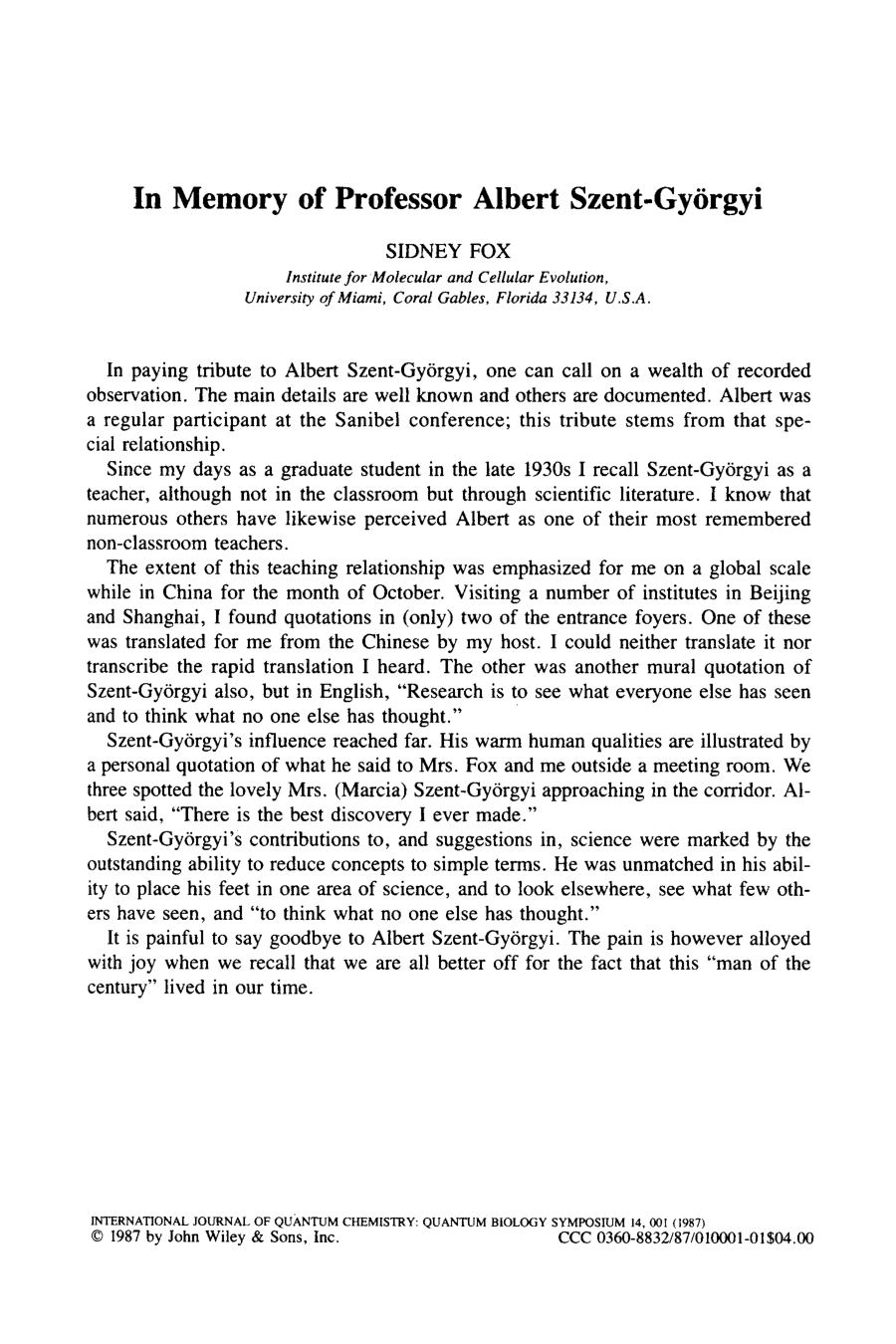 Cover for In Memory Of Professor Albert Szent-Györgyi