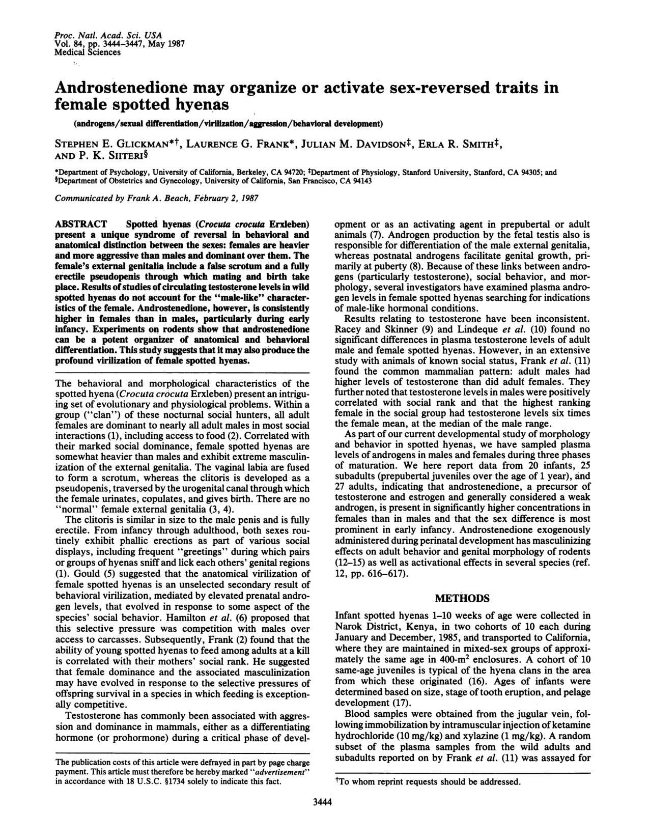 Cover for Androstenedione May Organize Or Activate Sex-reversed Traits In Female Spotted Hyenas