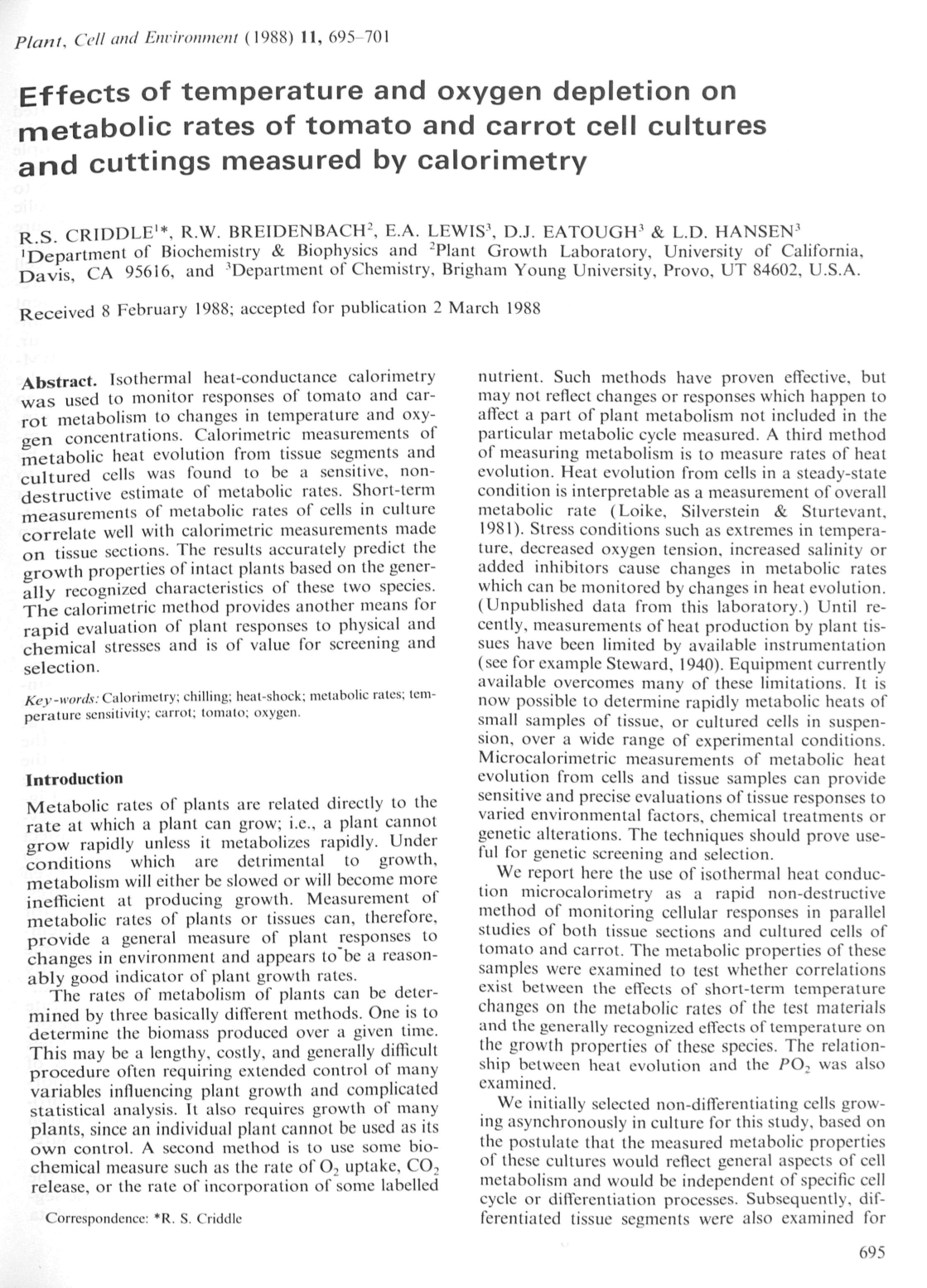 Cover for Effects Of Temperature And Oxygen Depletion On Metabolic Rates Of Tomato And Carrot cell Cultures And Cuttings measured By Calorimetry