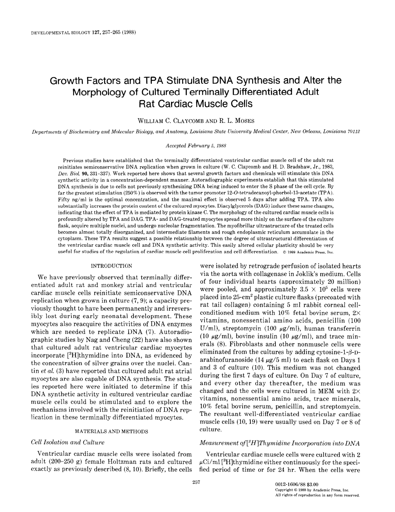Cover for Growth Factors And TPA Stimulate DNA Synthesis And Alter The Morphology Of Cultured Terminally Differentiated Adult Rat Cardiac Muscle Cells