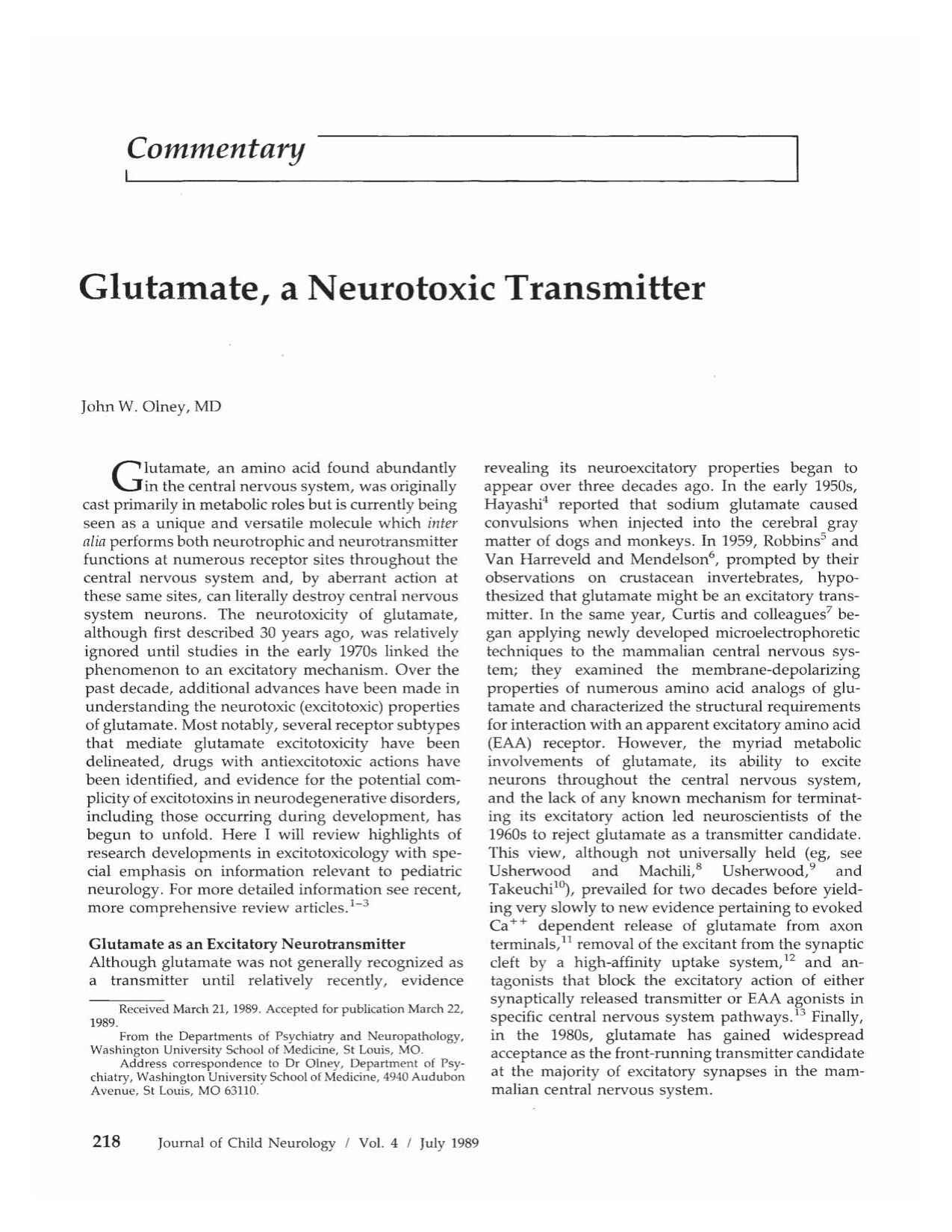 Cover for Glutamate, A Neurotoxic Transmitter