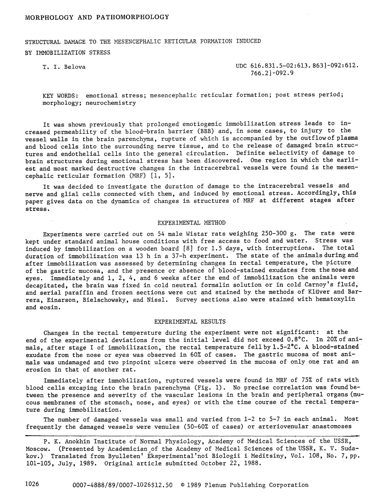 Cover for Structural Damage To The Mesencephalic Reticular Formation Induced By Immobilization Stress