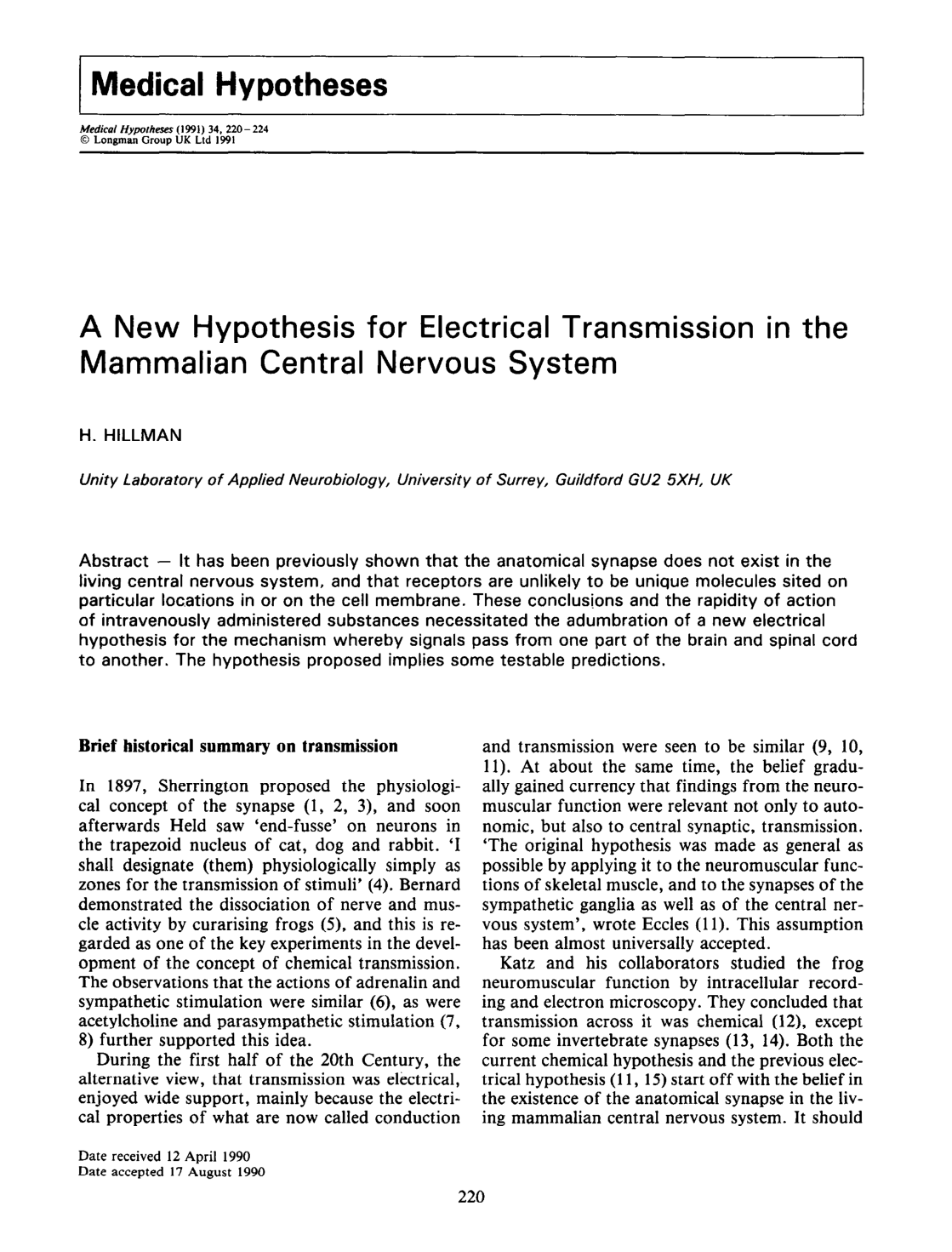Cover for A New Hypothesis For Electrical Transmission In The Mammalian Central Nervous System