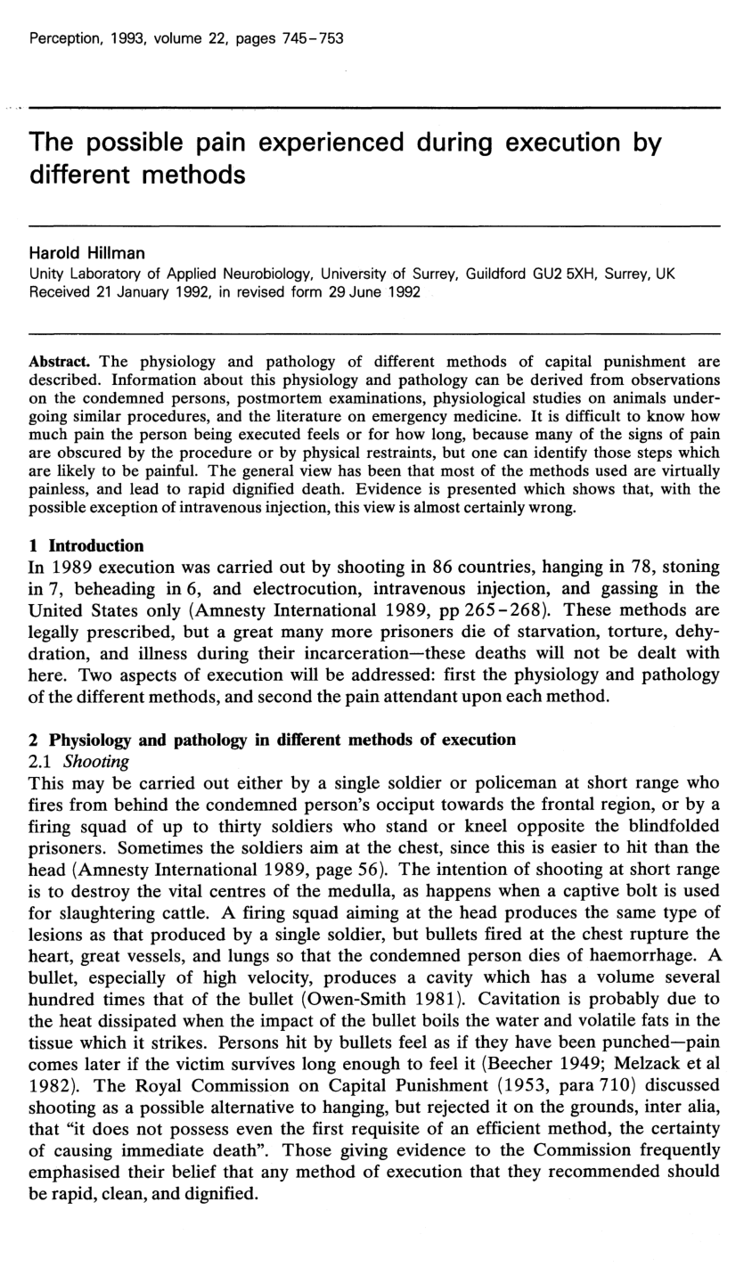 Cover for The Possible Pain Experienced During Execution By Different Methods