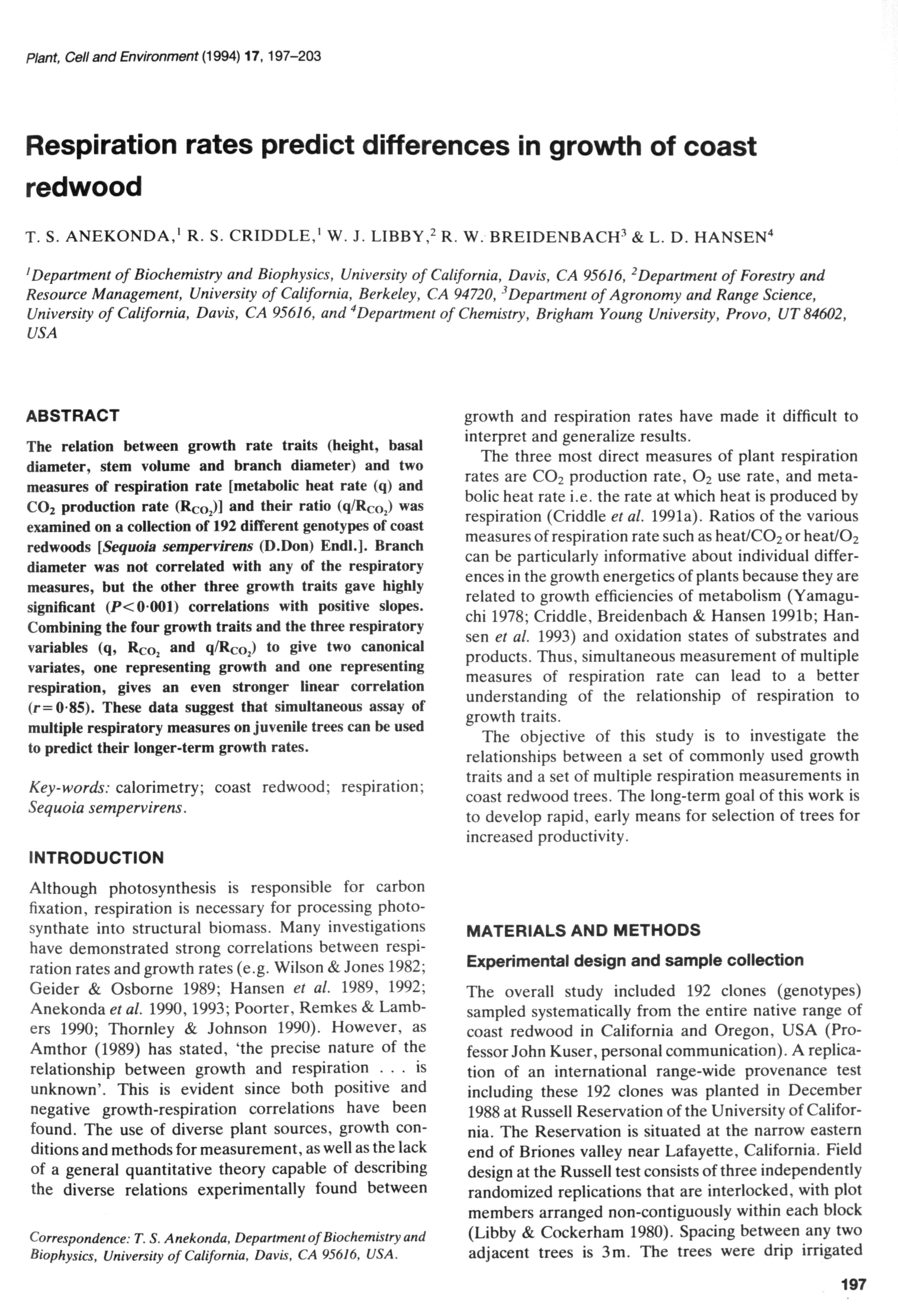Cover for Respiration Rates Predict Differences In Growth Of Coast Redwood