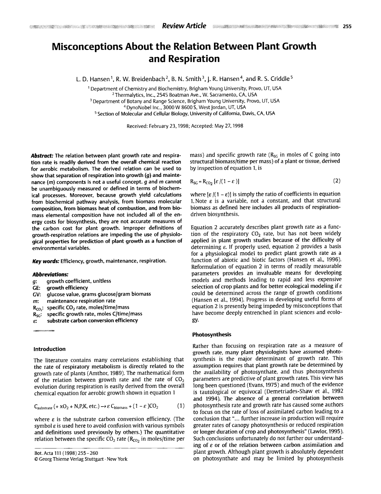 Cover for Misconceptions About The Relation Between Plant Growth And Respiration