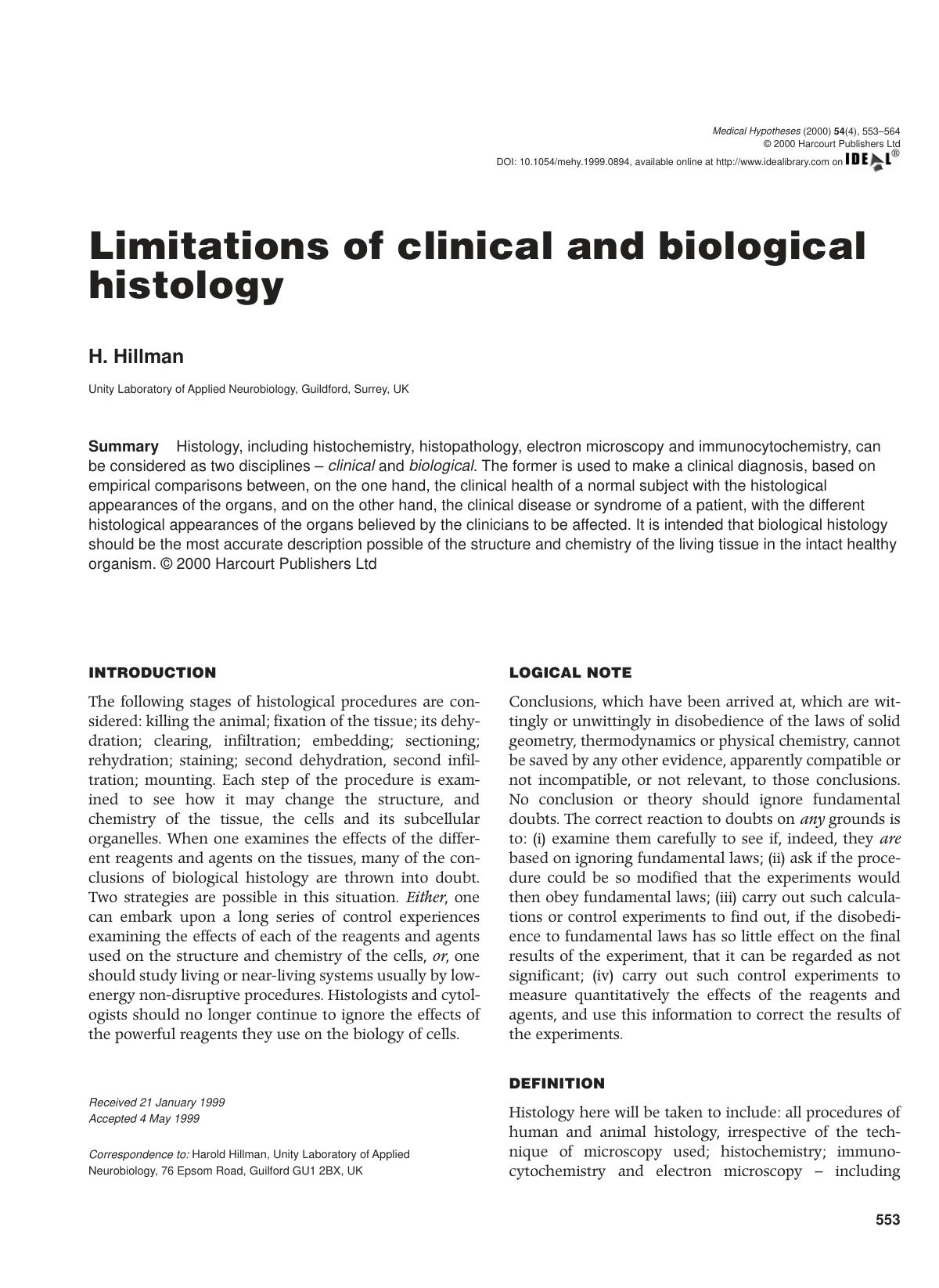 Cover for Limitations Of Clinical And Biological Histology