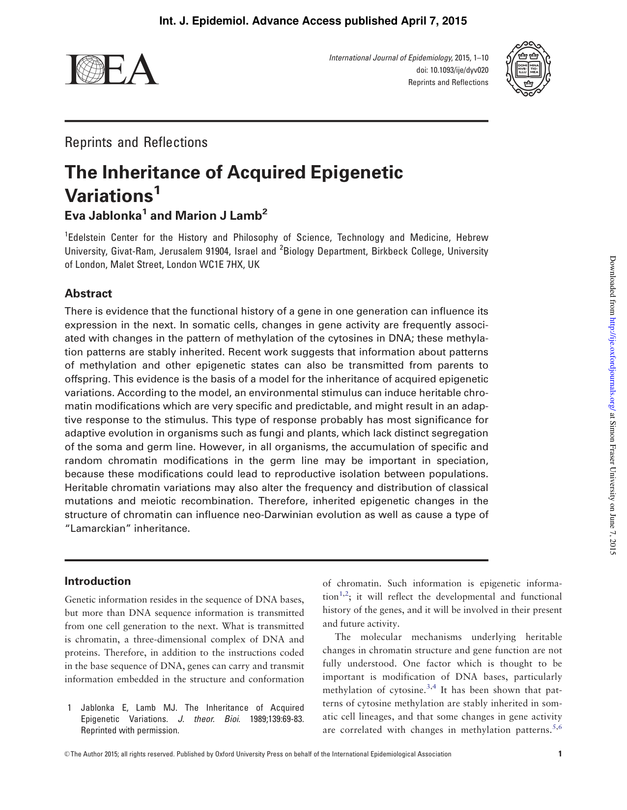 Cover for The Inheritance Of Acquired Epigenetic Variations